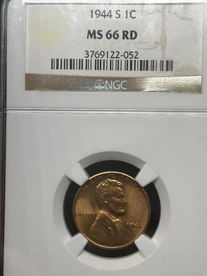 Stunning 1944-S Lincoln Wheat Cent 1c - NGC MS66 RD UNC Uncirculated High Grade  - Image 1 of 4