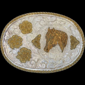 New Silver P Floral Flower Horse Rodeo Cowboy Cowgirl Western Vtg Belt Buckle - Picture 1 of 4