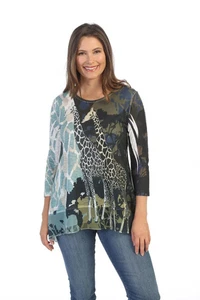 NEU Jess & Jane "Kenia" Tunika Top Giraffenmuster 3/4 Arm Chiffon Saum USA M - Bild 1 von 23