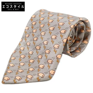 HERMES 005273MA Beautiful Silk Tie with All-Over Sheep Pattern Silver Orange - Picture 1 of 7
