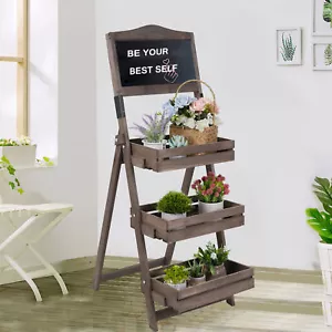 Brown 3 Tiers Ladder Shelving Unit Folding Pinewood Etagere Display Stand Shelf - Picture 1 of 12