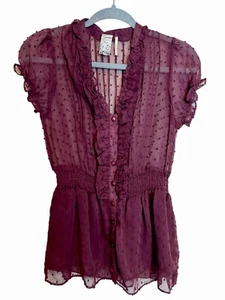 Guess Mini Polka Dot Print Sheer Cap Sleeve Button Top Sz S Coquette Babydoll - Picture 1 of 3