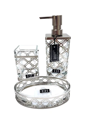 Eh 3 PC Set Vetro, Argento Spazzolato Cornice Metallo Esterno Sapone Dispenser, - Immagine 1 di 4