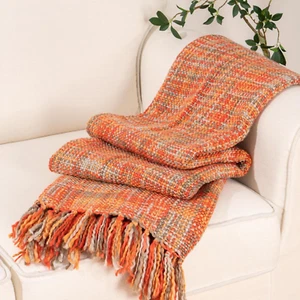 Orange Throw Blanket for Sofas Rustic Fall Decorative Bed Throws Boho Knitted - Picture 1 of 12