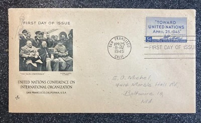 1945 1st-Day Issue United Nations Founding San Francisco 5¢ Stamp / World War II - Image 1 of 4