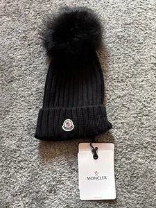 100% AUTH MONCLER BLACK KNIT 100% WOOL BEANIE FUR Black POM POM ONE SIZE - Picture 1 of 9