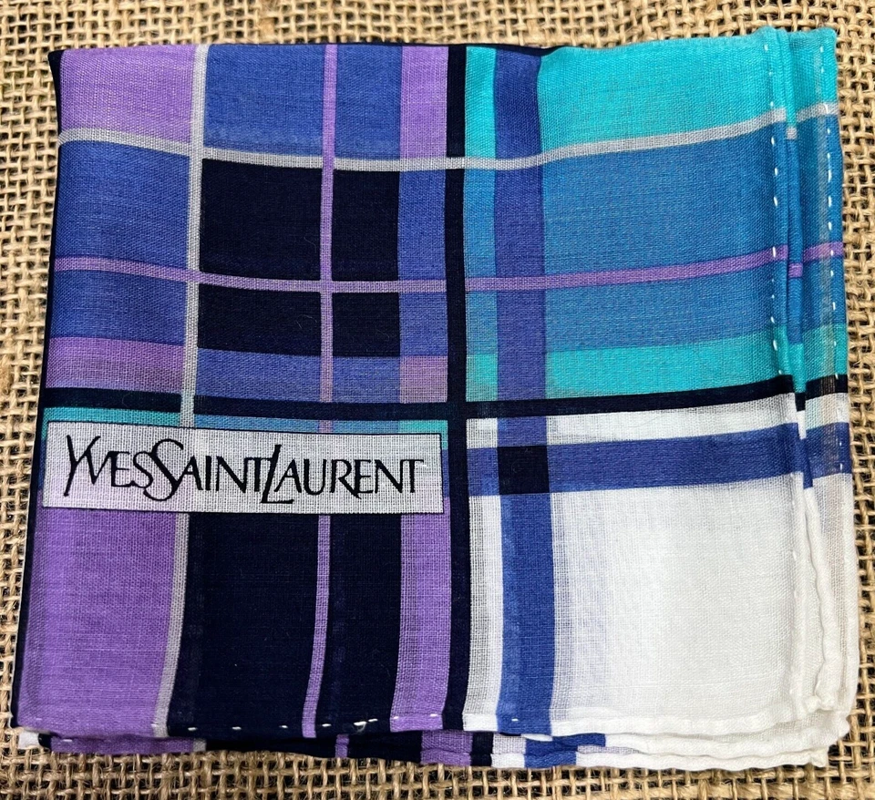 CLASSIC ART GREEN PURPLE MAN PLAID & CHECKS HANKY VTG COTTON POCKET SQUARE 18" - Image 1 of 3