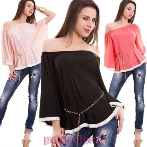 Top Femme En Dentelle Manches Chauve-Souris Carmen Gitane T-Shirt Neuf CC-1410 - Photo 1/1