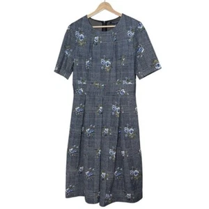 Brooks Brothers Houndstooth Plaid Blue Floral Pleated Fit & Flare Dress size 8 - Picture 1 of 8