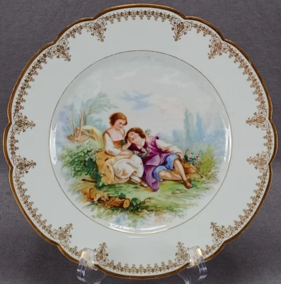 Sevres Style Watteau Scene & Gold Floral Scrollwork 8 3/8 Inch Plate - Image 1 of 4