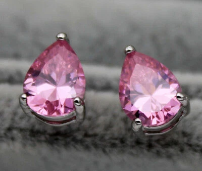 Pretty New 18K White Gold Filled 5x7mm Pink Topaz Pear Shape CZ Stud Earrings - Image 1 of 4