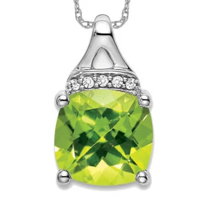14K Solid White Gold Cushion-cut Peridot Diamond Necklace - Picture 1 of 4