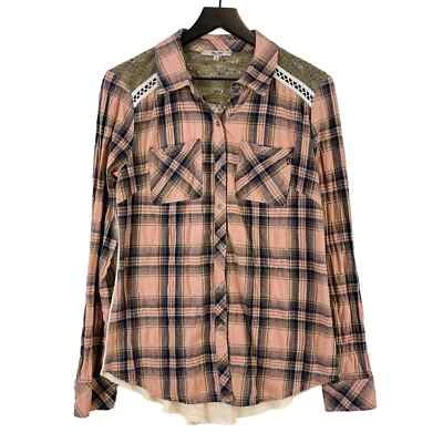 Camisa Miss Me (M) para mujer a cuadros con botones rosa encaje espalda algodón Foto 1 de 4