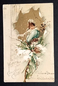 Wishing You Christmas Cheer Woman in Paper Window Snow Pinecones Postcard c1904 - Picture 1 of 2