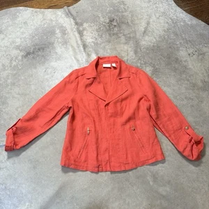Chicos Jacket Womens Size 1 Small 8 Orange Linen Roll Tab Sleeve Open Front - Picture 1 of 9