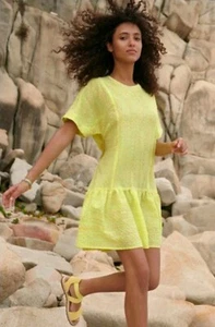COREY LYNN CALTER Wmns M Yellow Checked Dress Short Sleeve Mariah Cute Textured  - Picture 1 of 12