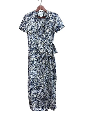 Adrianna Papell Petite 100% Silk Floral Wrap Dress Size 10P Blue & White Short S - Image 1 of 4