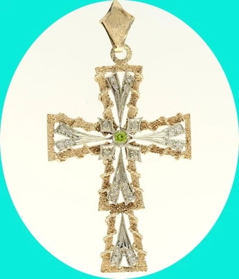 Vintage Natural Diamond Peridot Ornate Cross Pendant .28CT Multitone Gold 1 ⅝” L - Image 1 of 4