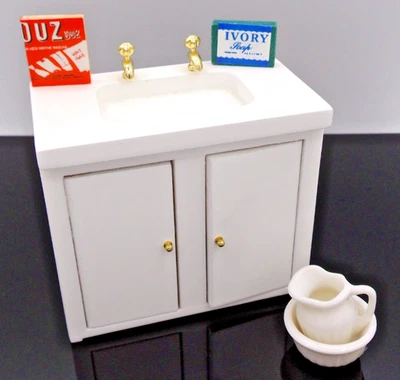 Miniature Bathroom VANITY Sink Pitcher, Bowl, Ivory Soap, WHITE DOLLHOUSE - Image 1 of 4