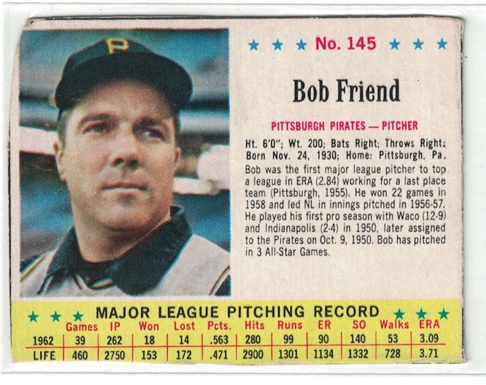 1963 Jell-O #145, Bob Friend, Pittsburgh Pirates - Image 1 of 2