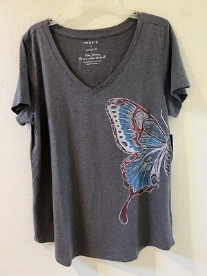 Torrid Women's Plus Classic Fit V-neck Gray Butterfly  Tee various sizes - Image 1 of 4