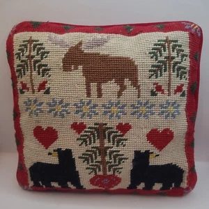 Woodland Theme Needlepoint Pillow with Red Accent Velvet Back Holiday Seasonal  - Picture 1 of 4