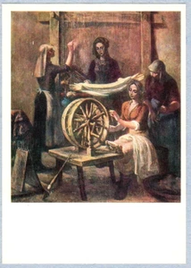 Georgia artist G.Agapishvili Russian postcard TUSHETIA WOMEN SPINNERS IN SHOP - Picture 1 of 2