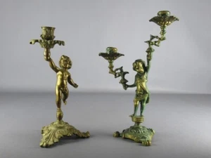 Bronze Candlesticks Sculpture Cherub Ornament Candle Holder Vintage 50s - Picture 1 of 10