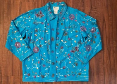 Vintage 90’s Quacker Factory Blue Boho Floral Bead Embroidered Jacket Women’s L - Image 1 of 4