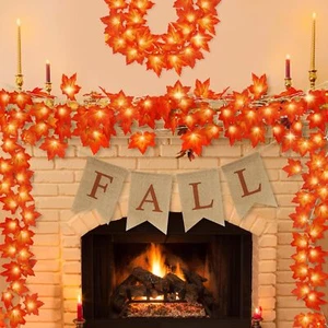 20FT Fall Decor - 2 Pack Leaves Garland 2PCS X 10FT Wtih Light, - Picture 1 of 7