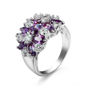 Anillo de boda de plata 925 con flores de circonio púrpura talla 6-10 - Imagen 1 de 7