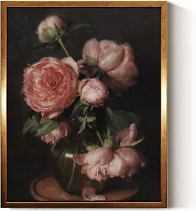 Arte de pared en lienzo vintage con marco dorado peonías naturaleza muerta con flor floral 8x10 - Imagen 1 de 12