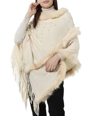 New Northern Angel Women's S/M Poncho Faux Fur Embellished Fringe Anthropologie - Image 1 of 4