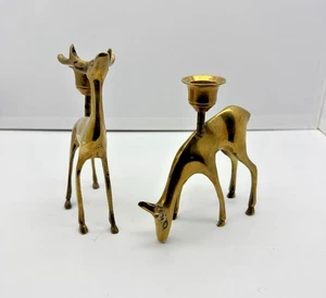 Pair Vtg Solid Brass Reindeer Deer Candleholders Figurine 5"-4 1/2"T Christmas - Picture 1 of 7
