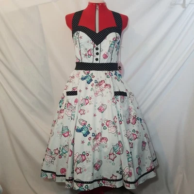 Size L Hell Bunny Pale Blue Polka Dots Trim Halter Dress Retro Rose Cupcake Pony - Image 1 of 4