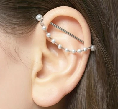 5 LENGTHS WHITE Faux PEARLS WRAP AROUND 14g Surgical Steel INDUSTRIAL Barbell. - Image 1 of 4