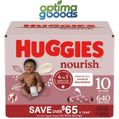 Huggies 滋养婴儿湿巾可可和乳木果油 10 包 (640 总湿巾) — 第 1/4 张图片