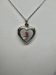 Vintage MOP mit rosa Emaille Rose Sterling Herz Medaillon Anhänger Halskette 16" - Bild 1 von 12