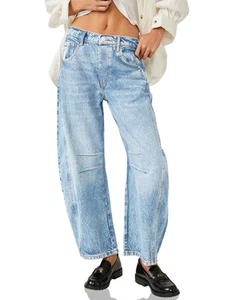 Women's Baggy Boyfriend Jeans Vintage Wide Leg Mid Rise Barrel Denim Ankle Pants - Picture 1 of 5