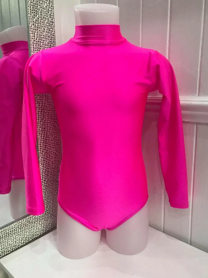 Turtle Neck Long Sleeve Dance Leotard Keyhole Back Nylon/Lycra Flo Pink Freestyl - Image 1 of 1