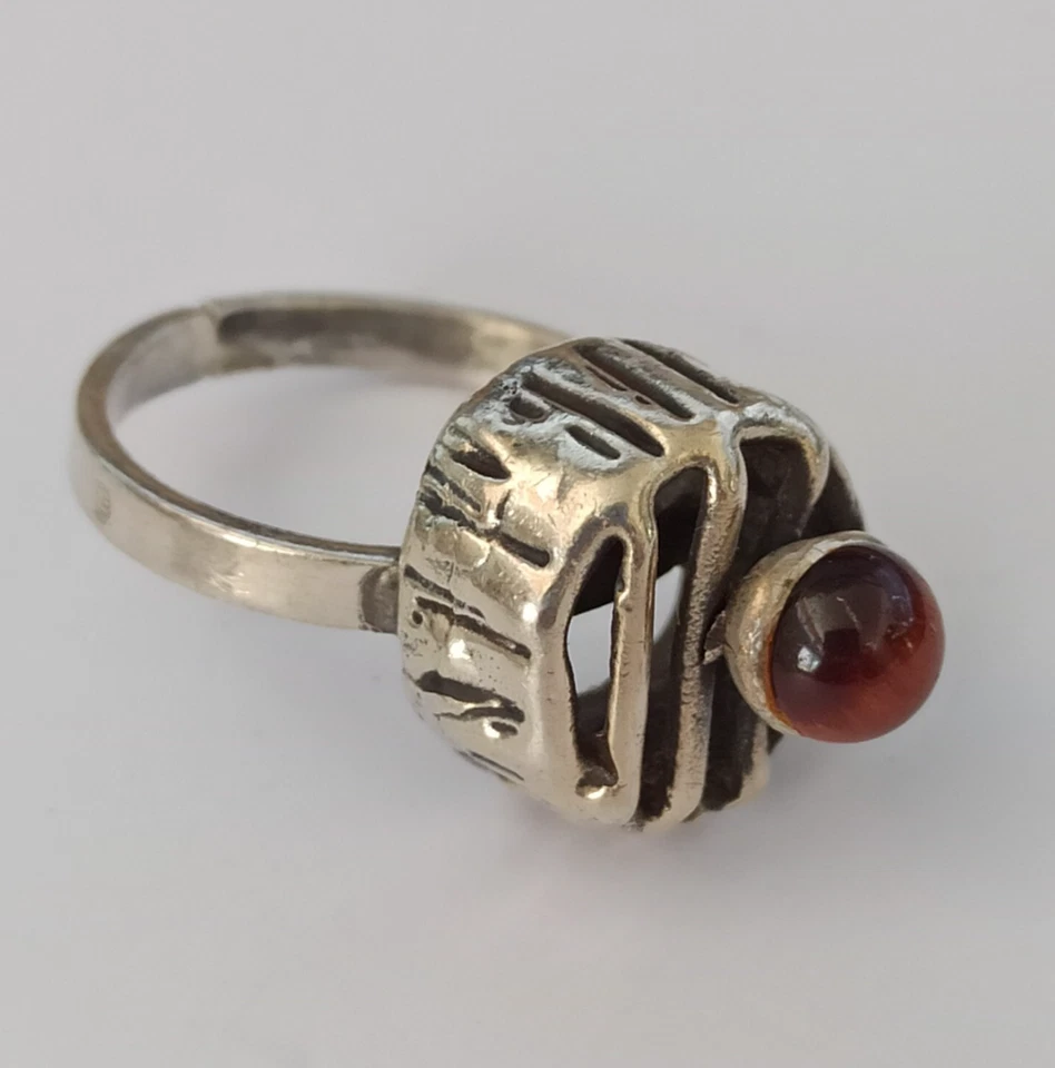 Brutalist Silver Tiger Eye Ring Adjustable Israel Modernist 925 VTG Sculptural - Image 1 of 4