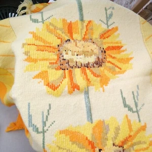 Vtg 70s Afghan Textile Wall Art Sunflowers Orange Yellow Retro 65 x 65” - Picture 1 of 21