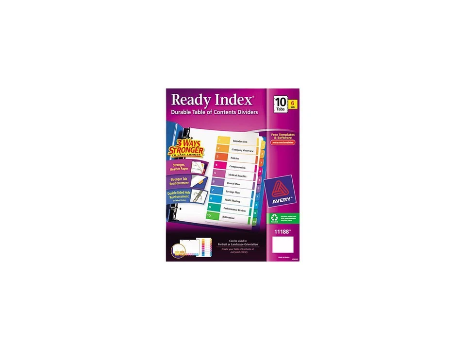 Avery 11188 11" .5" 10-Tab 1-10 TOC Dividers - Multi Tabs/White (6/PK)