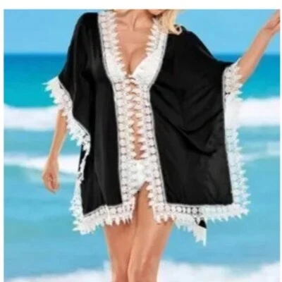 Plumero de playa Venus Rayón negro con encaje blanco L/XL Foto 1 de 4