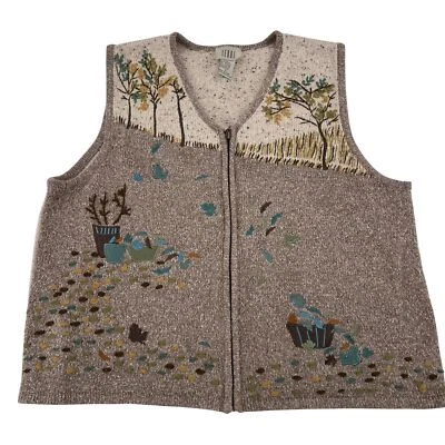 Teddi Vintage Women's Large Embroidered Knit Vest Nature Scene Zip Front Foto 1 de 4