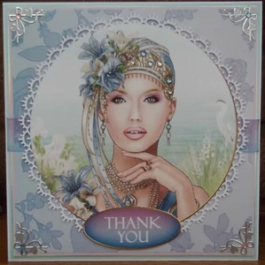 AUCTION SALE HANDMADE ART DECO THANK YOU CARD SPRING LADY IN BLUE DESIGN - Picture 1 of 4