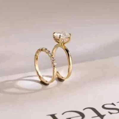 2.70Ct Oval Cut Moissanite Wedding Bridal Set Ring 14K Yellow Gold Plated Silver - Image 1 of 4