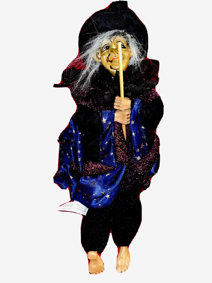 Ganz CREEPY Witch BONECA ROXA Capa Preta Chapéu Azul Dourado Estrelas Vestido na Vassoura, 15” - Imagem 1 de 4