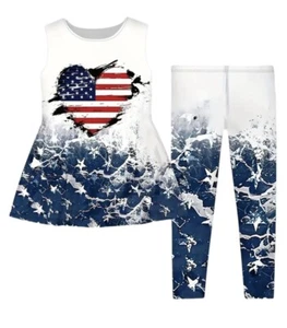 New, Boutique Patriotic 4th of July 2 Pc Girls Outfit, Tunic And Leggings - Picture 1 of 3