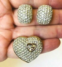 Swarovski Pave Crystal Heart Brooch w/ Matching Clip On Earrings *Z1